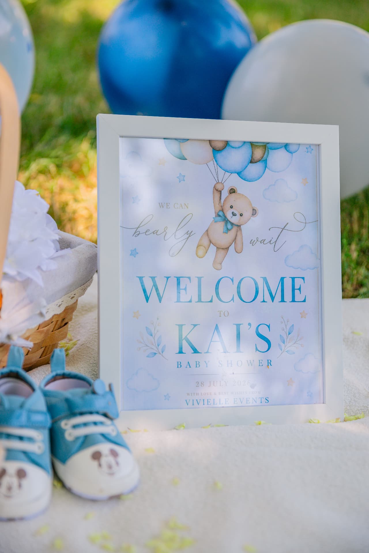 Luxury baby boy shower welcome sign styling in Budapest