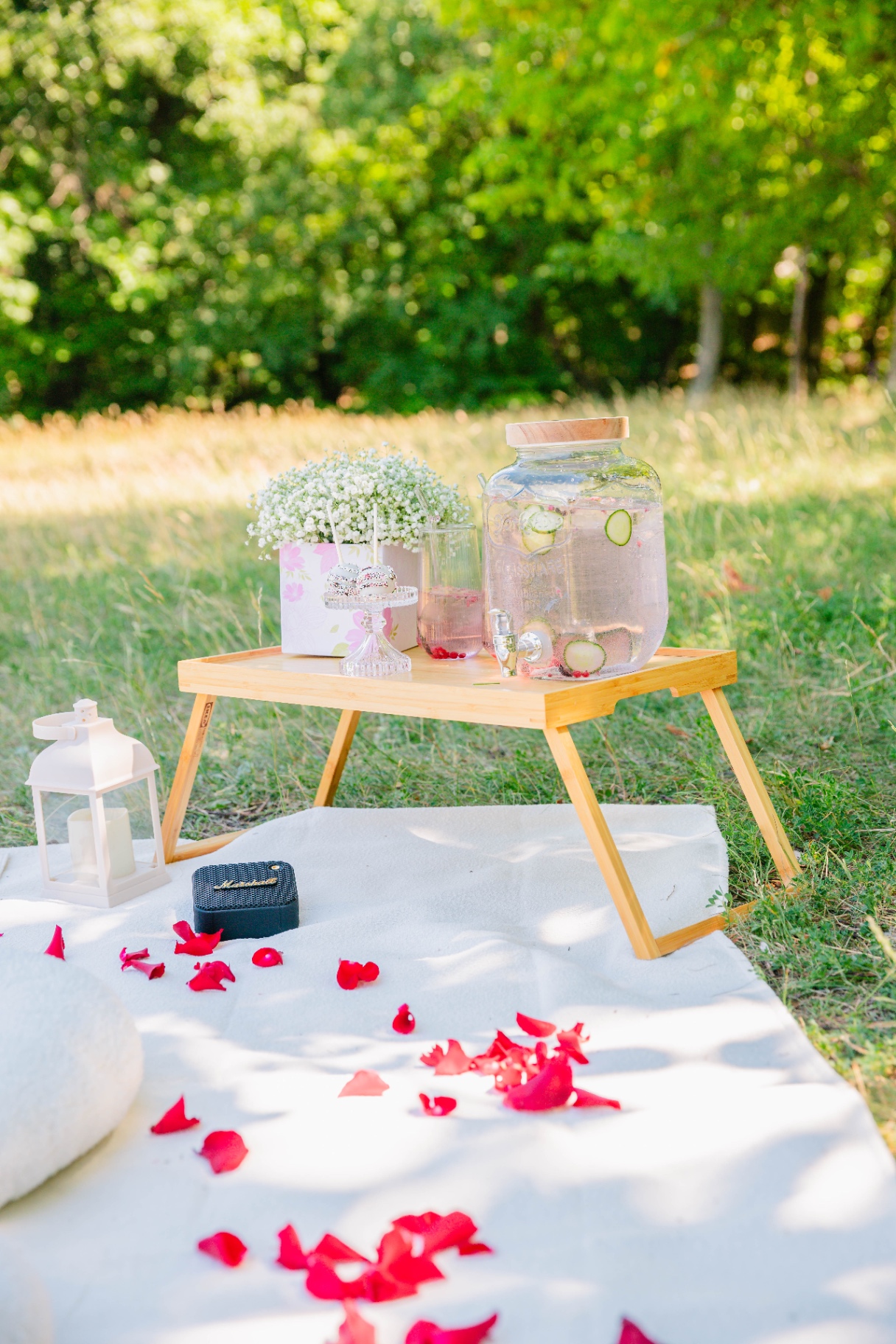 Baby's-breath florals, infused water dispenser and rose petals on a white meadow picnic — Vivielle Events Budapest