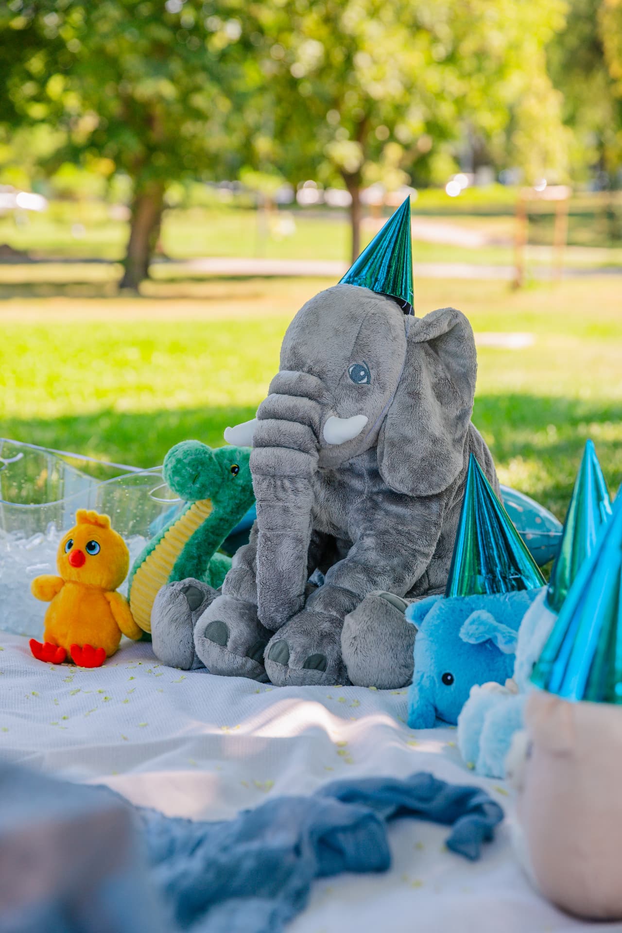 Chic gender reveal picnic experience with plush toys and party hats in Budapest