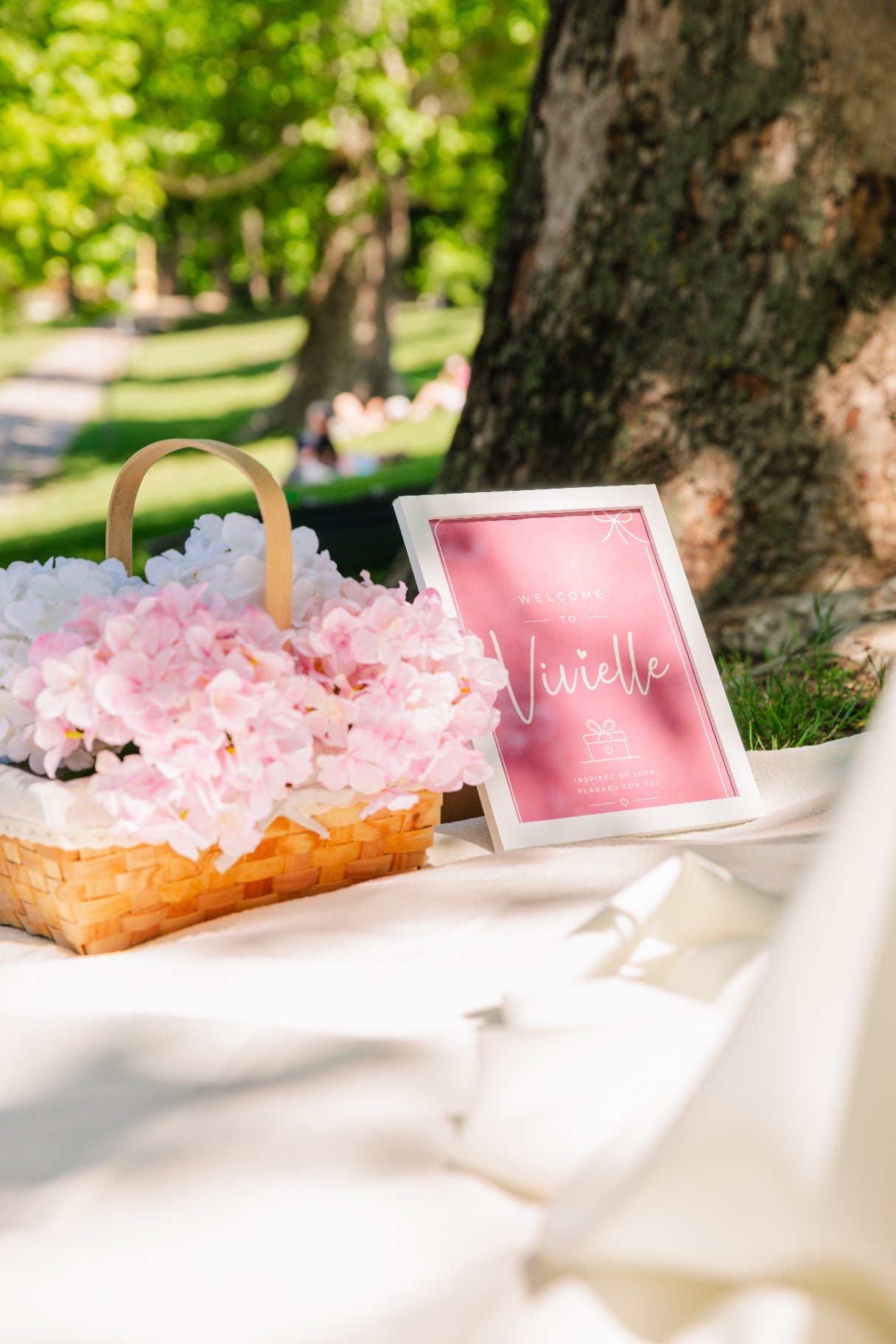Vivielle Events luxury picnic welcome basket with pink hydrangeas in a Budapest park